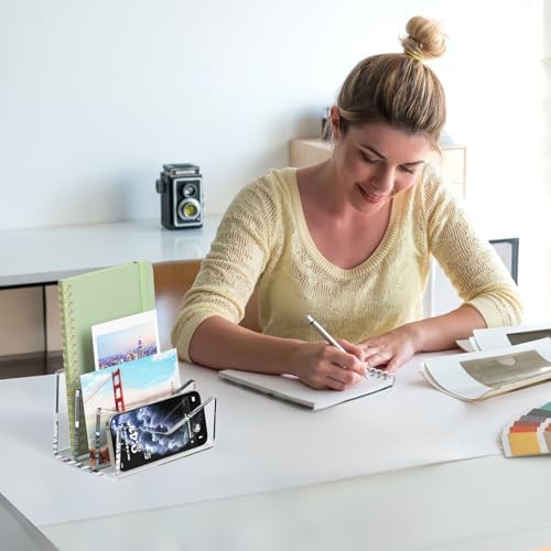 Mail Organizer Envelope Holder - 3 Compartments Clear Acrylic Mail Holder Countertop Vertical Desk Organizer Small File Bill Document Notebook Letter Sorter for Home School Office Supplies