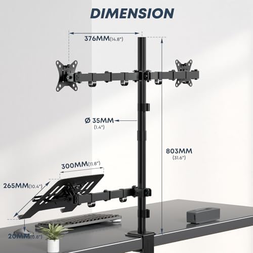 Dual Monitor Stand and Laptop Mount, Fits 32" Monitor & 15" Laptops