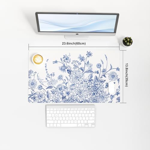 Faux Leather Large Mouse Pad, Office Desk Mat, 23.6"x13.8", Blue Flowers