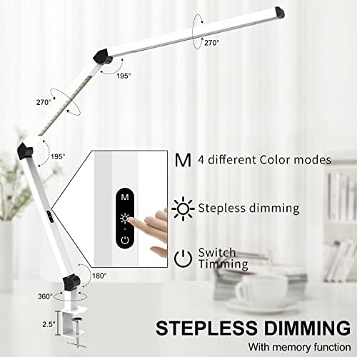 Micomlan LED Desk Lamp with Clamp, Dual Light Table Lamp with Adjustable Swing Arm, Eye-Care 4 CCT Modes & 5 Brightness Levels Clip-on Architect Modern Desk Light for Home Office Crafting Sewing