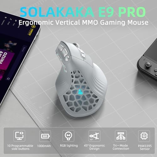 SOLAKAKA E9 PRO Ergonomic Vertical MMO Mouse with 8K Dongle, Gray-Silver