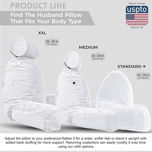 Husband Pillow XXL The Original for Adults - 30" Tall Backrest for Sitting Up in Bed - Firm Support Reading & Bed Rest Pillows for Adults, Neck Roll, Removable Cover - TV - White
