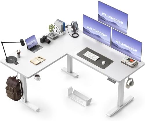 WALKINGDESK 63x55 Inches Reversible L Shaped Standing Desk, Height Adjustable With Cup Holder, Electric Corner Computer Workstation, Sit Stand up Home Office, Standing Desk with Cable Management White