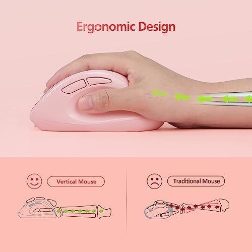 Micropack Wireless Bluetooth Mouse Ergonomic Vertical for Laptop MacBook PC Tablet Rechargeable Silent Click Multi-Device 3-Mode 2.4G Adjustable DPI Compatible with Windows Android iOS MacOS Pink