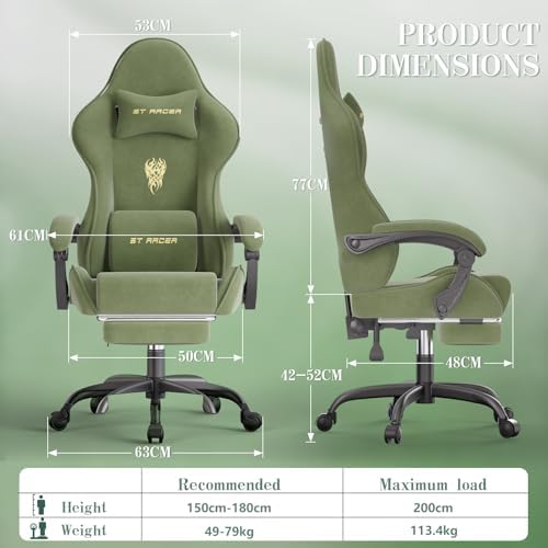Soontrans Green Velvet Gaming Chair with Embroidery Design