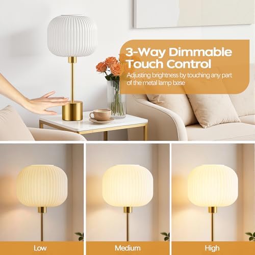 QiMH Glass Table Lamp for Living Room, Modern Bedside Lamp with Gream Ribbed Glass Shade, 3-Way Dimmable Touch Control Nightstand Lamp for Bedroom, Brushed Gold (2700K LED Bulb Included)