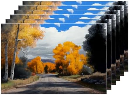 Shrahala Fall Yellow Trees Landscape Set of 6 12 X 18 Inch Linen Placemats, Autumn in Castle Creek Road Burlap Table Mat Washable Double Layered Heat Insulation for Indoor/Outdoor