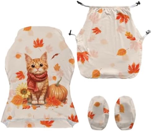Fall Maple Leaf Gaming Chair Protector Slipcover 4-Piece Fits Office/PC Boss Recliners Anti-Scratch Washable with Zipper for Living Room Orange Cat Pumpkin