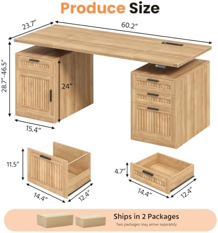 60" Fluted Electric Standing Desk with Drawers for Home Office, Oak