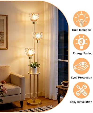 3-Light Lotus Floor Lamp, Mid Century Modern Amber Glass Gold Floor Lamp for Living Room, 62 Inch Standing Tall Lamps with Warm White 3000K Bulbs for Bedroom Sofa Beside Corner Home Decor