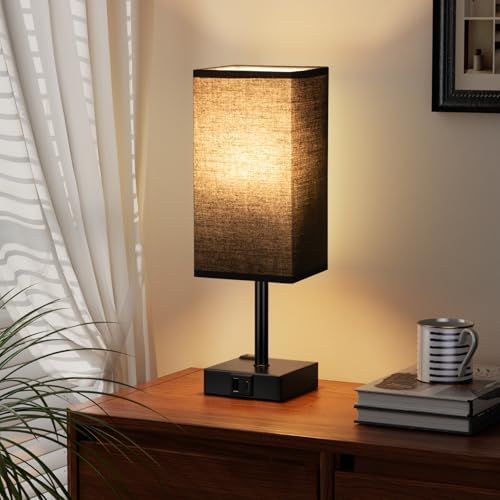 3000K Black Table Lamp for Bedroom - Dimmable Touch, USB C+A, AC Outlet