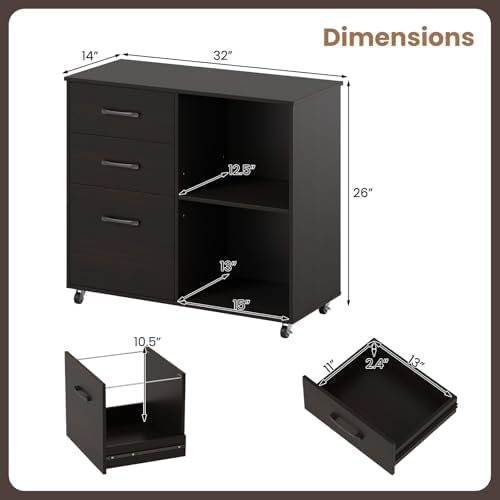 Giantex 3-Drawer Mobile File Cabinet, Rolling Printer Stand with Open Storage Shelves, Under Desk Lateral Filing Cabinet for Letter/A4 Size, Wooden Office Organizer with Wheels for Home Office (Brown)