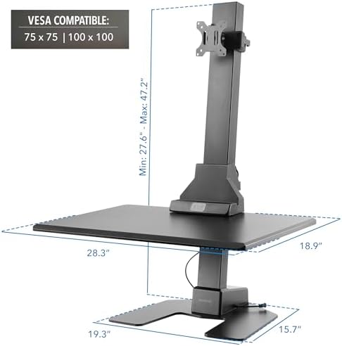 Mount-It! Electric Standing Desk Converter - Motorized Sit-Stand Desk Riser with Monitor Mount, Standup Powered Desktop Lift for Single Monitor up to 32", 28" Wide Keyboard Tray, Adjustable Height