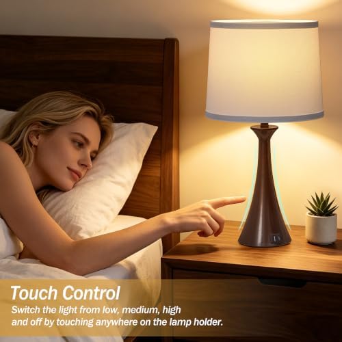 Touch Table Lamps Set of 2, 21" Bedside Lamps with USB C+A, Brown