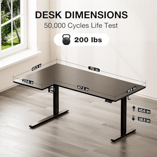 Muvai 71" L Shaped Standing Desk with Cable Tray, Reversible, Black
