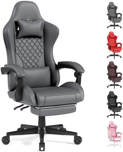 LUCKRACER Gaming Chair with Pocket Spring Cushion and Footrest, PU Leather 90°-155° Reclining Computer Chair, 4.5" Height Adjustment, Ergonomic Office Chair with Lumbar Support, Dark Gray