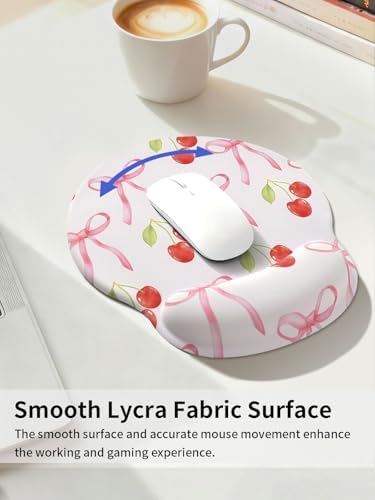 Seorsok Ribbon Bow Cherry Mouse Pad with Gel Wrist Support Mouse Pad,Ergonomic Aesthetic,Comfort Mousepad for Office Work Computer,Pain Relief Mousepad with Non-Slip Silicone Base,Bow&Red Cherry