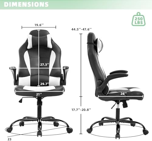 PC Gaming Chair,High Back Ergonomic Racing Office Desk Executive Chair with Lumbar Headrest Support,Flip Up Arms,PU Leather 360° Swivel for Kids Adults Women Men Gaming Home Office,White