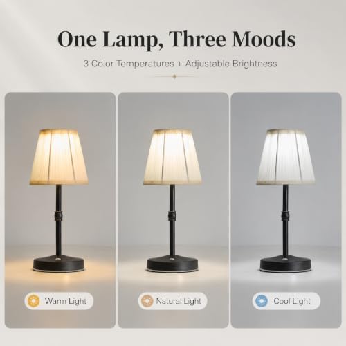 3000mah Battery Powered Lamp for Home,Small Cordless Lamps Rechargeable,3 Color Temperature 5W LED Touch Lamp Battery Operated Table Lights,Wireless Lamps for Tables,Kitchen,Living Room (Black,H11”)