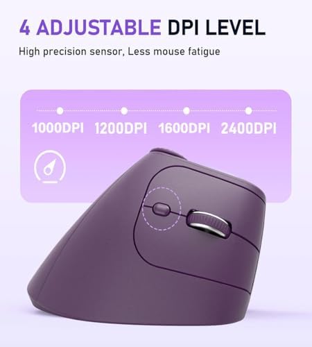 JOMAA Wireless 2.4G & Dual Bluetooth Three-Channel Ergonomic Vertical Mouse Adjustable DPI, Multi-Function Turntable for PC, Laptop, MacBook, Rechargeable (Purple)