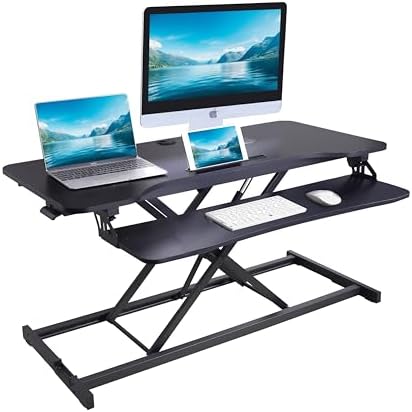 Rocelco Sit/Stand Desk Riser - 33 lb Load Capacity - 21.3" Height x 43" Width x 20.5" Depth - Desktop, Desk - Black - For Monitor, Notebook, Keyboard - Keyboard Tray, Ergonomic, Grommet, Cable
