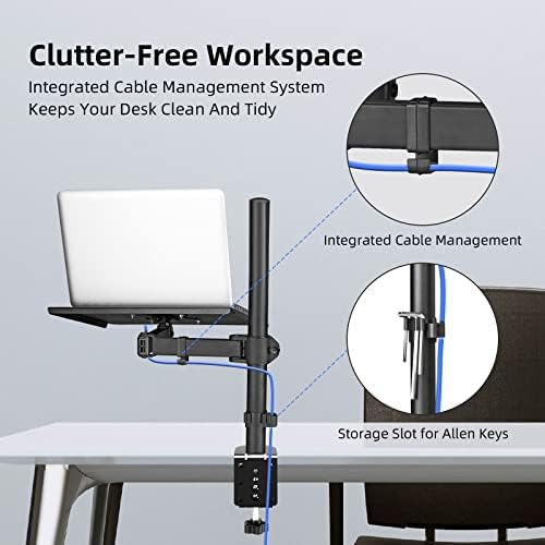 suptek Single Laptop Notebook Desk Mount with Tray for 13-27 inch Computer Screen, Fully Adjustable Laptop Desk Arm for Notebook up to 17’’, Weight up to 15.6 lbs