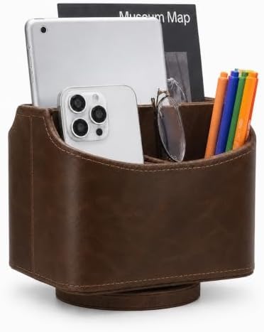UnionBasic Rotating Desk Organizer, 360 Desk Spinning Caddy, Desktop TV Guide/Mail/Media/Remote Controller Holder Organizer, Brown - Printed Oil Leather