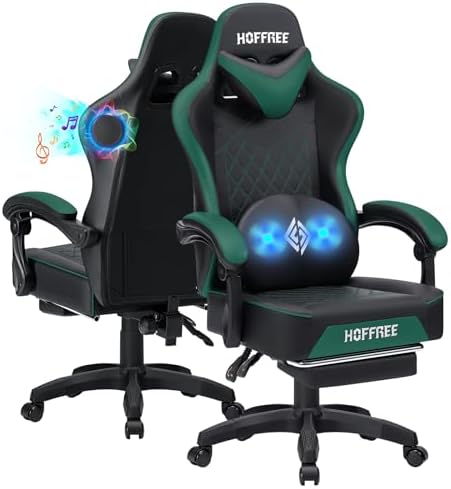 HOFFREE Gaming Chair Computer Chair with Speakers Massage Game Chairs with Footrest Bluetooth High Back Ergonomic Computer Gaming Chairs for Adults Reclining Video Gamer Chair Green and Black