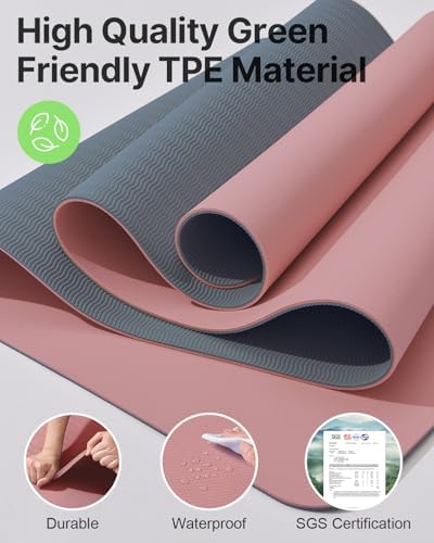 Yoga Mat,Non-Slip TPE Exercise Mat(1/4 Inch) for Pilates, Fitness & Barefoot Workouts, Home Gym Studio with Strap & Bag