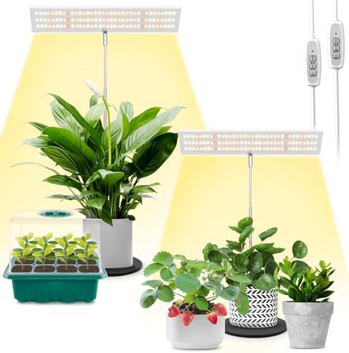 LORDEM Grow Light for Indoor Plant, Full Spectrum LED Plant Light, Height Adjustable Growing Lamp with Auto On/Off Timer 4H/8H/12H, 4 Dimmable Brightness, Ideal for Home Desk Plant Lighting, 2 Pack