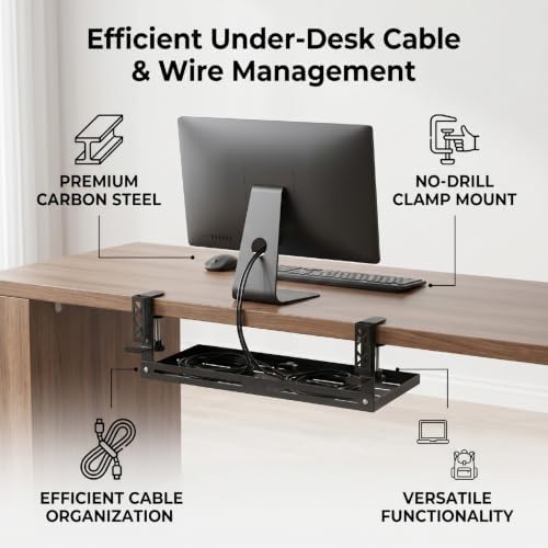Under Desk Cable Management Tray No Drill, Black Carbon Steel Metal Cord Organizer with Clamp Mount, Huge Load Capacity, with Accessories for Home Office Standing Desk