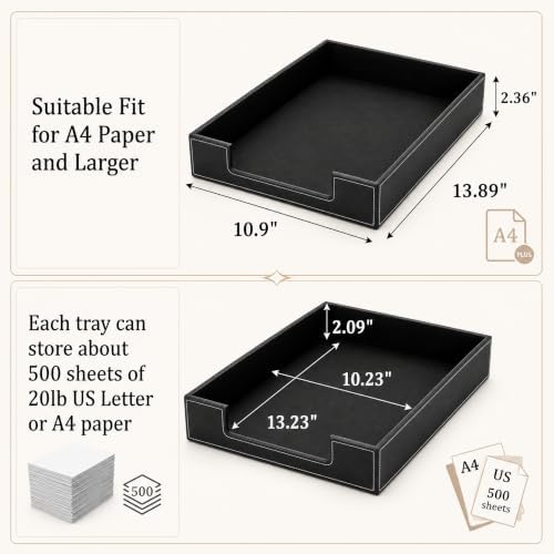 Black Leather Letter Tray, Desk Leather Organizer Tray for A4 Paper, Office Desktop Letter-Size Holder for File, Document, Mail & Magazine