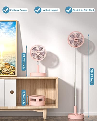 AICase Stand Fan,Folding Portable Telescopic Floor/USB Desk Fan with 7200mAh Rechargeable Battery,4 Speeds Super Quiet Adjustable Height and Head Great for Office Home Outdoor Camping-pink