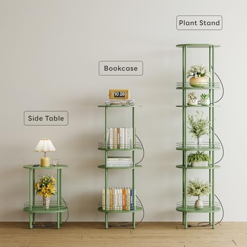 Small Oval Side Table with Charging Station, 2-Tier Green Round End Table