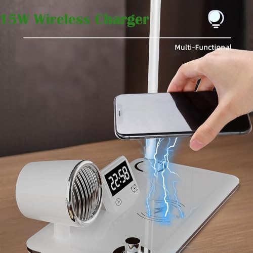 IHAO Smart LED Desk Lamp with Wireless Charger & Bluetooth Speaker, 15W Fast Charging Station for Phone & Earbuds Touch Control 3 Light Modes Alarm Clock Adjustable Eye-CareTable Lamp-HYT1772 White