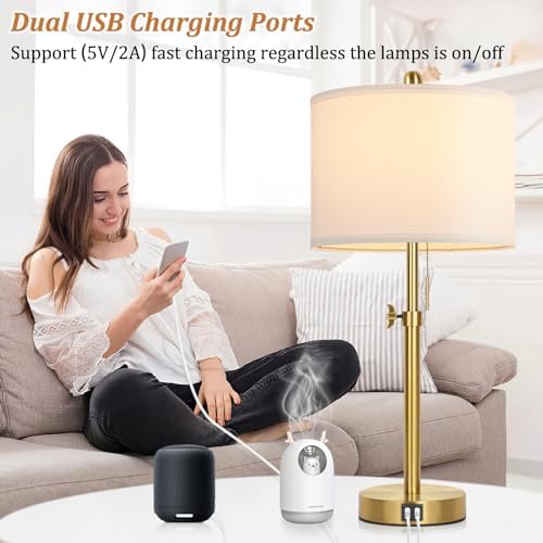 Kondras Table Lamp Set of 2, Bedside Lamp with 2 USB Ports, Gold Tall Table Lamp for Living Room End Tables, 23" to 30" Height Adjustable Lamp for Bedroom, Farmhouse Table Lamps with Pull Chain, E26