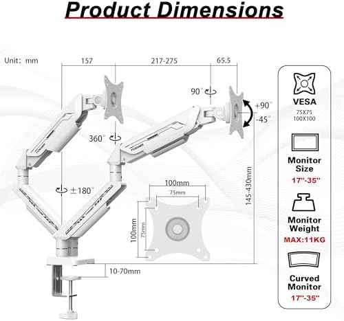 Fydeamer Dual Monitor Arm for 17-35" Screens up to 24.3lbs, White
