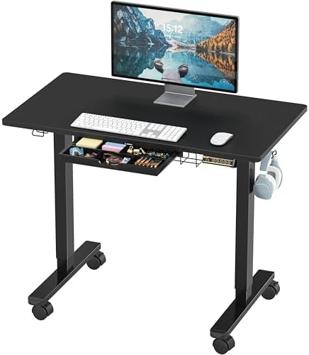 SHW Mobile Electric Height Adjustable Standing Desk w/Drawer, Black