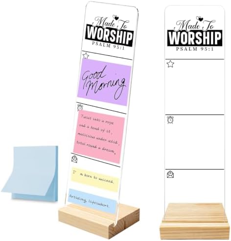 Sticky Note Holder, Monitor Memo Board, Acrylic Post It Note Holder with Wooden Base, Includes 100 Notes, Desk Organizer, Christian Quote “Made to Worship” Psalm 95:1
