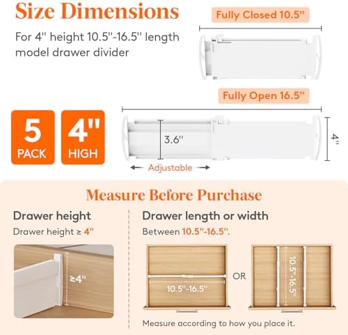 Lifewit 5 Pack 4" High Drawer Dividers, Adjustable Drawer Organizer Clothes