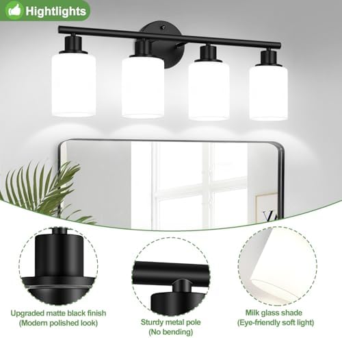 Zarbitta 4-Light Bathroom Light Fixtures, Black Modern Vanity Lights with Milky White Frosted Glass Shades, Bathroom Wall Lamp for Mirror Kitchen Living Room