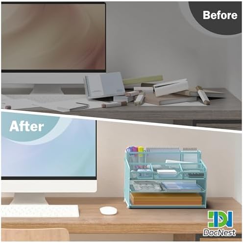 Docnest 3 Tier Mesh Desk Organizer with Letter Tray & Paper Sorter, Blue