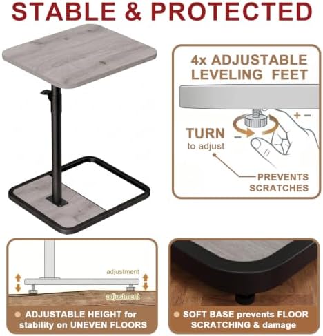 GOYLSER Large C Shaped End Table for Couch, Height Adjustable Living Room Rotating Couch Tray Tables Sofa Table Tv Trays for Bedroom, Swivel Wooden Side Table for Small Space, Grey