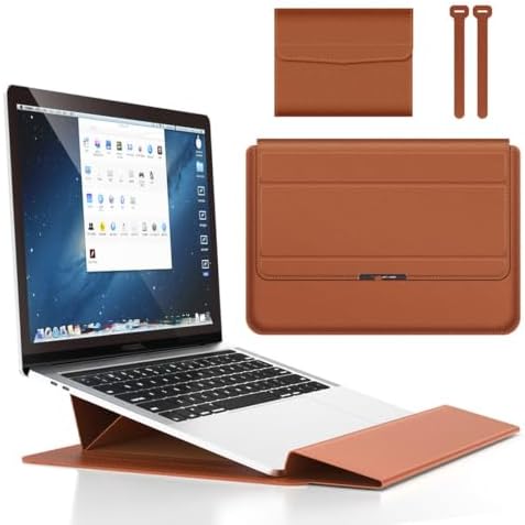 4 in 1 Ergonomic Workstation Set - Foldable Laptop Sleeve and Stand, Premium Leather Portable Computer Riser for 11-17 Inch Laptops, Waterproof Travel Organizer with Cooling Design (Brown,15-15.6")