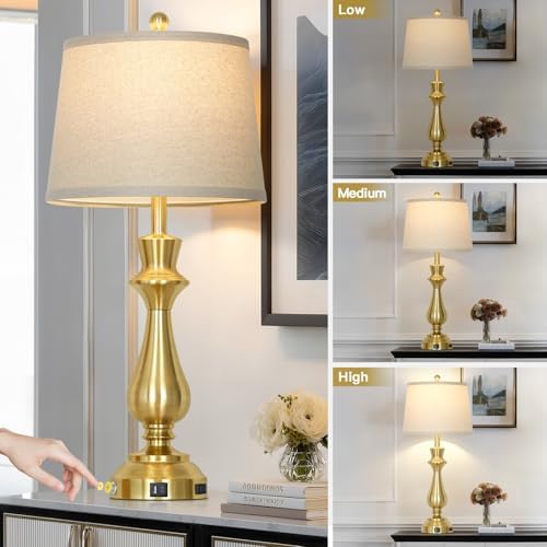 Modern Gold Table Lamp for Living Room,30" Tall Bedside Lamp with USB Charging Port,3-Way Dimmable Touch Nightstand Lamp for Bedroom Desk Side Table Office,Gold-1P