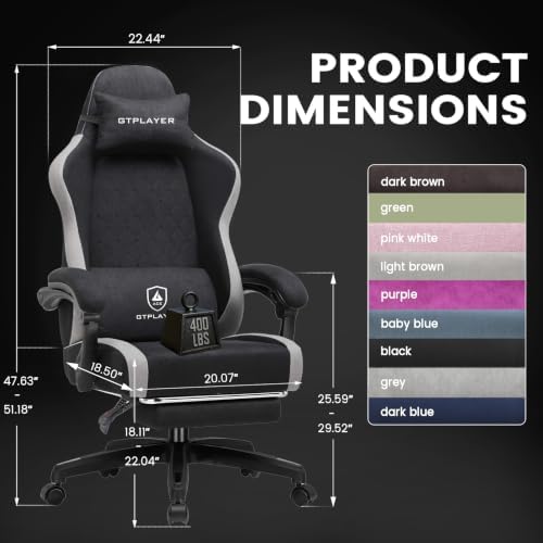 GTPLAYER Gaming Chair Fabric with Pocket Spring Cushion, Big and Tall Gamings Chairs 350LBS High Back Computer Chair with Footrest for Adults Lumbar Support Swivel Game Chair for Office Black