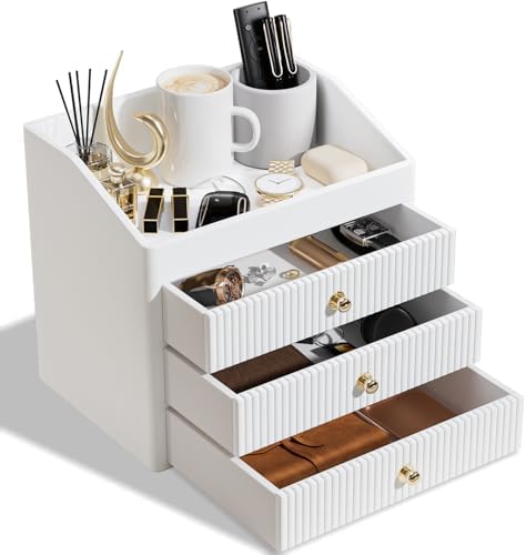 LADSTAG Office Accessories,Begie White Vegan Leather Office Supplies with 3 Drawers & Tray for Desk,Perfume Organizer with Gold-Tone Metal Accents Knob for End Tables,Bedside Table,Bedroom