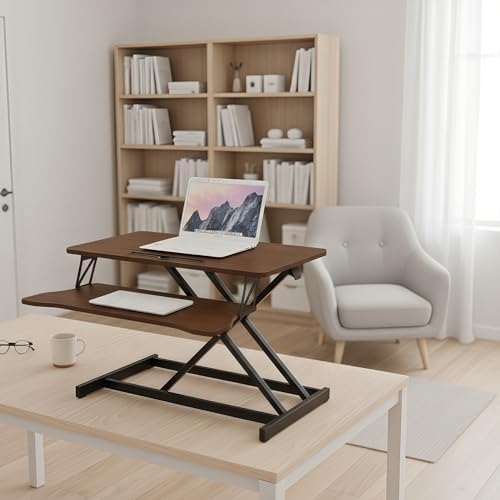 32 Inch Desk Converter, Height Adjustable Sit to Stand Riser, Dual Monitor and Laptop Workstation with Wide Keyboard Tray Xmas,Gift for Mother's Day (Black,Walnut)