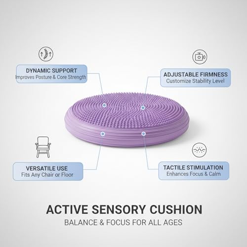 Inflatable Balance Disc Cushion, 13.4 Inch PVC Wobble Seat for Stability Training, Core Exercise & Office Chair Support, Portable Fitness Pad (Pink, Gray, Purple, Blue)