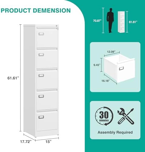 SISESOL 5 Drawer File Cabinet with Lock,White Narrow Vertical File Cabinet Five Drawer,Tall Office Filing Cabinets,Metal Filing Cabinets for Home Office,Fit A4,Legal,Letter Size,-Assembly Required